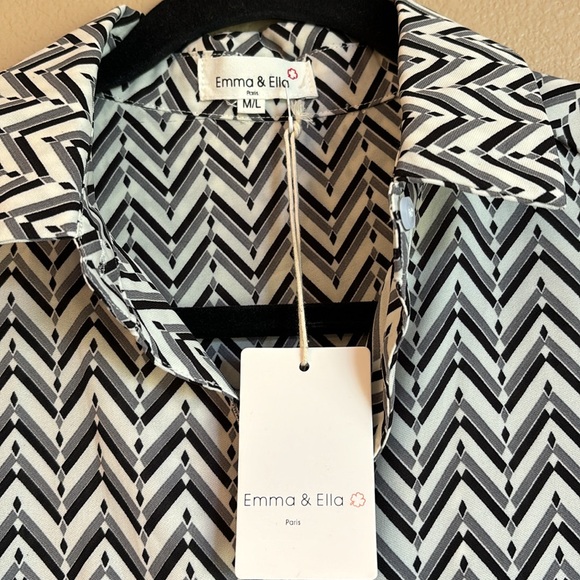 NEW! EMMA & ELLA M/L Long Sleeve Button Front Dress Gray Black Ivory Chevron - Picture 4 of 13